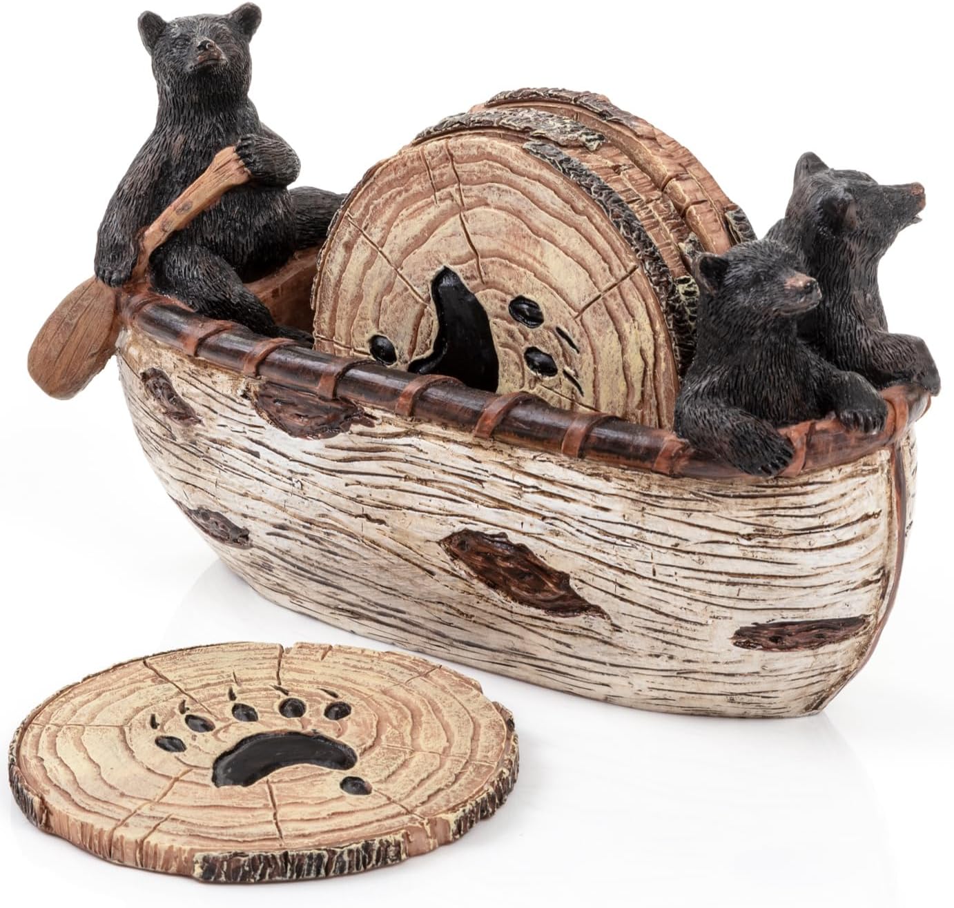 Rustic Bear Coasters, Set of 6, with Canoe Holder