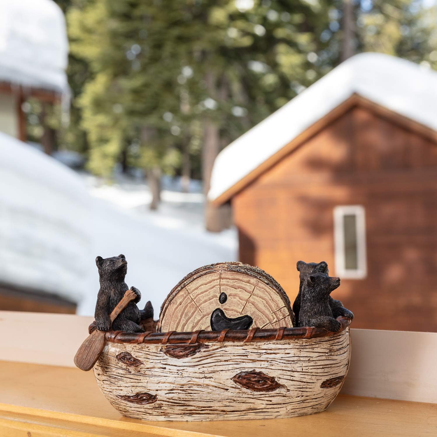Rustic Bear Coasters, Set of 6, with Canoe Holder