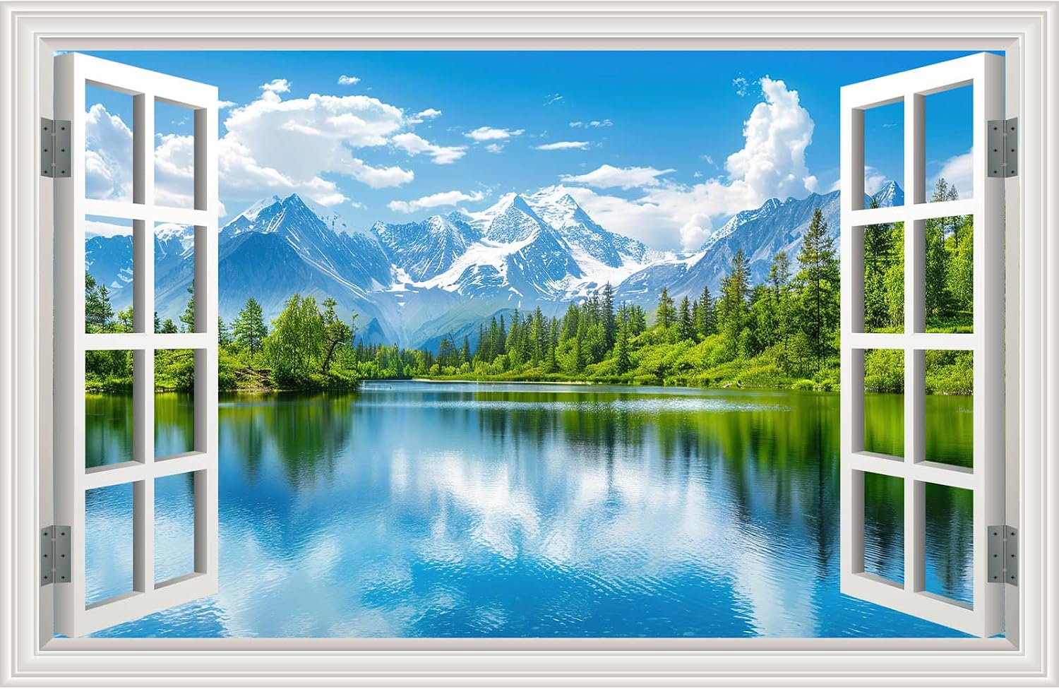 Faux Window Wall Mural Sticker, Mountain Lake Scene