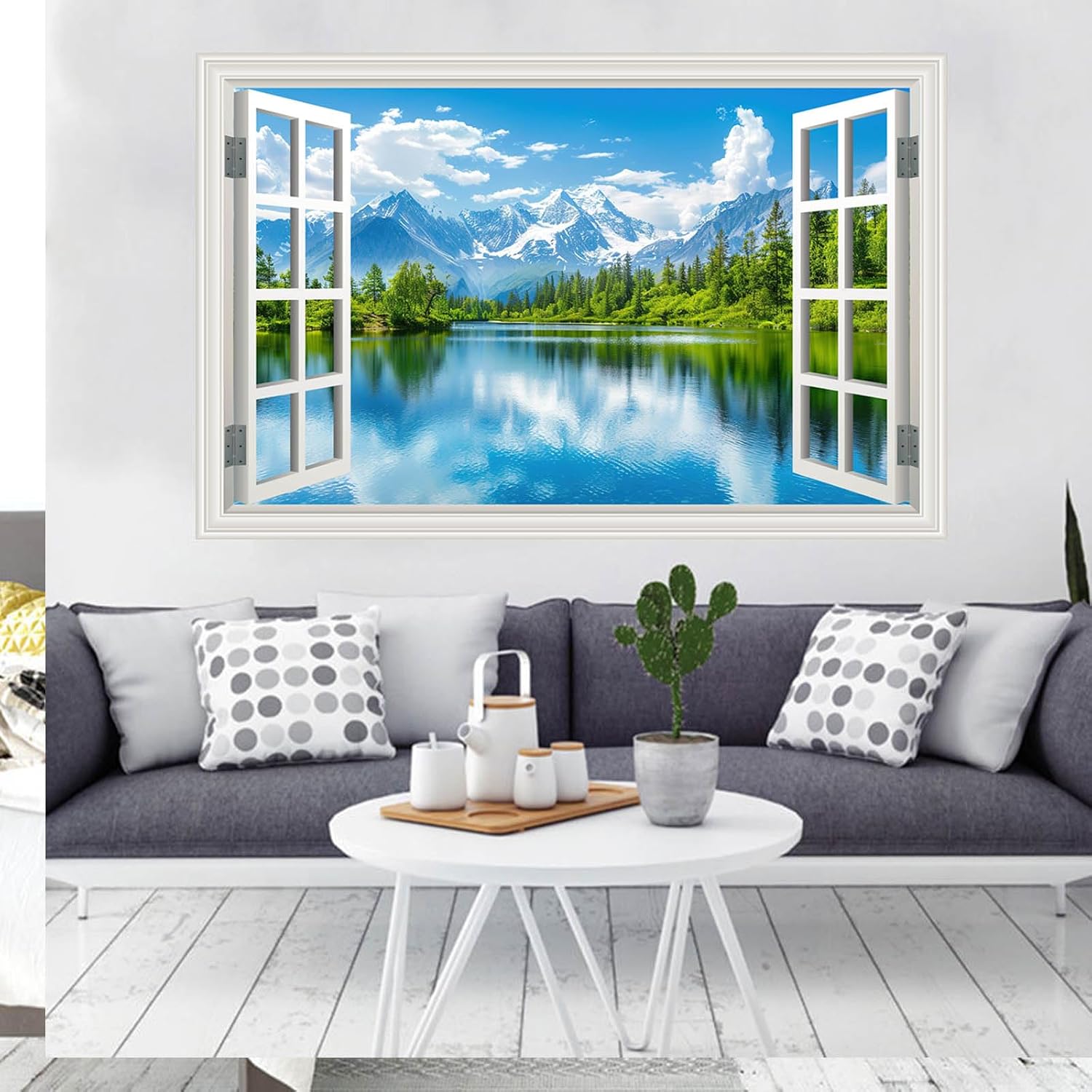Faux Window Wall Mural Sticker, Mountain Lake Scene