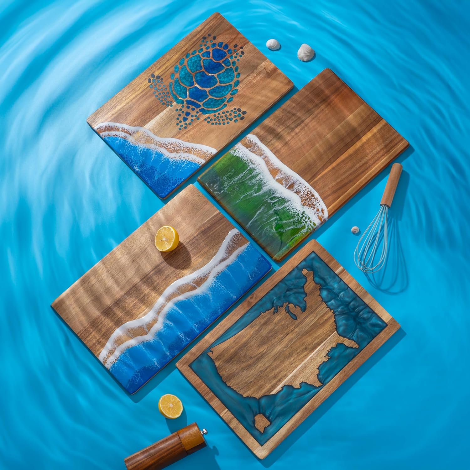 Acacia Wood Serving Board with Blue Resin Ocean Wave