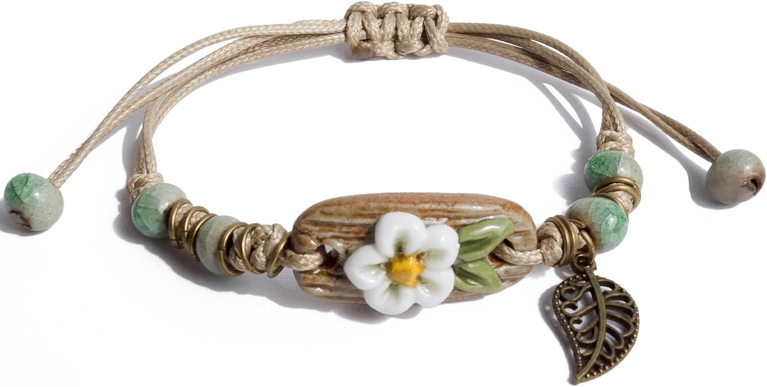 Bohemian Ceramic Flower Bracelet with Leaf Charm