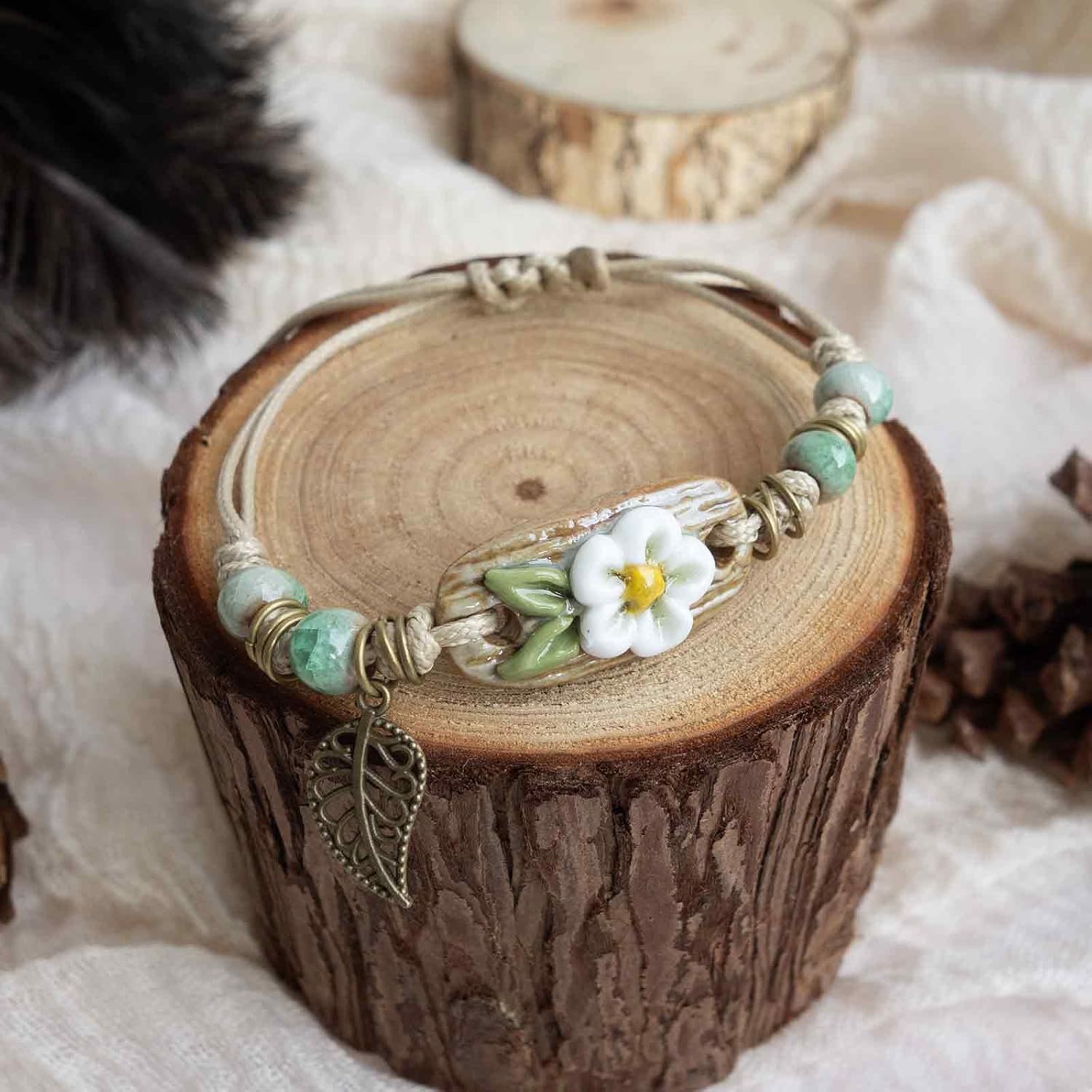 Bohemian Ceramic Flower Bracelet with Leaf Charm