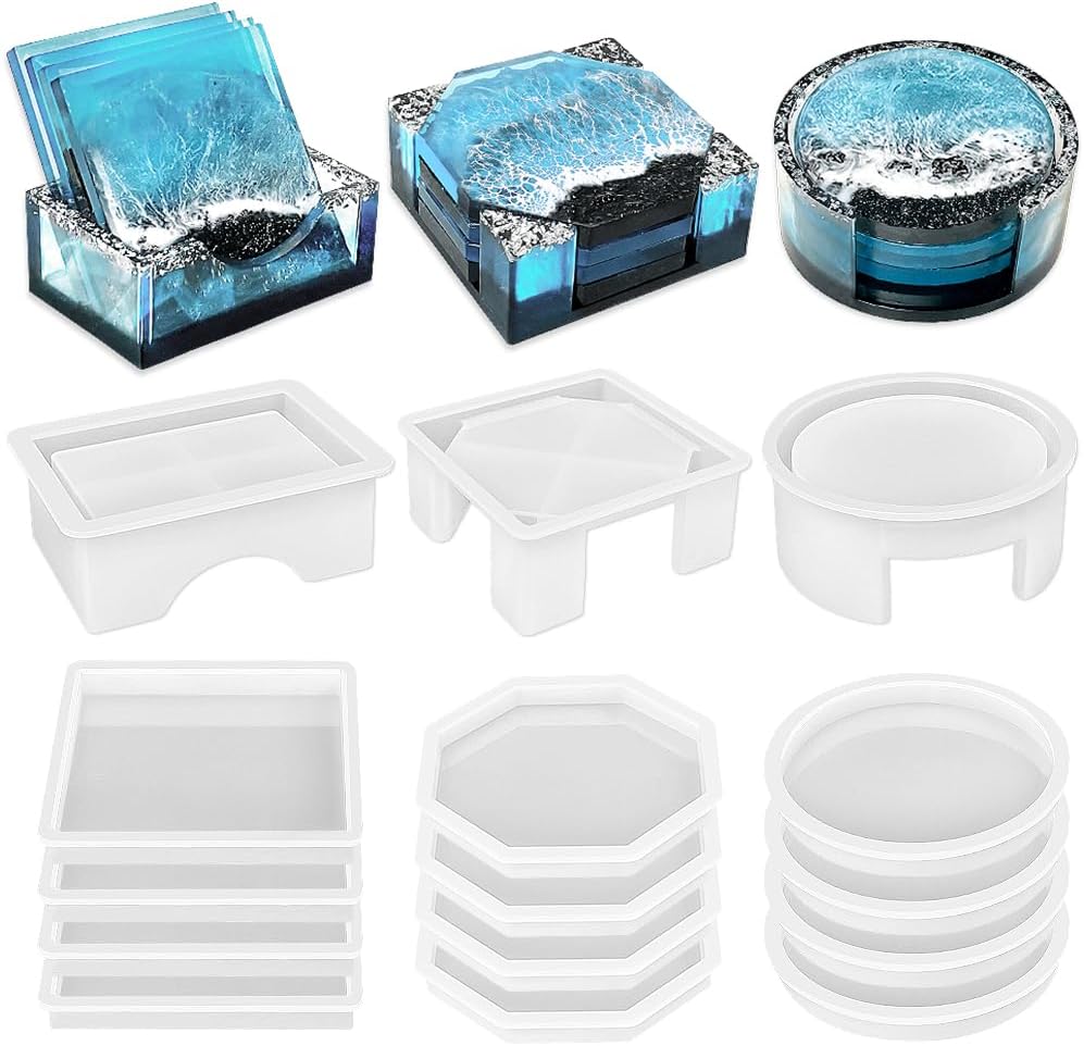 Square, Octagon and Round Coaster Moulds with Holder, Set of 3