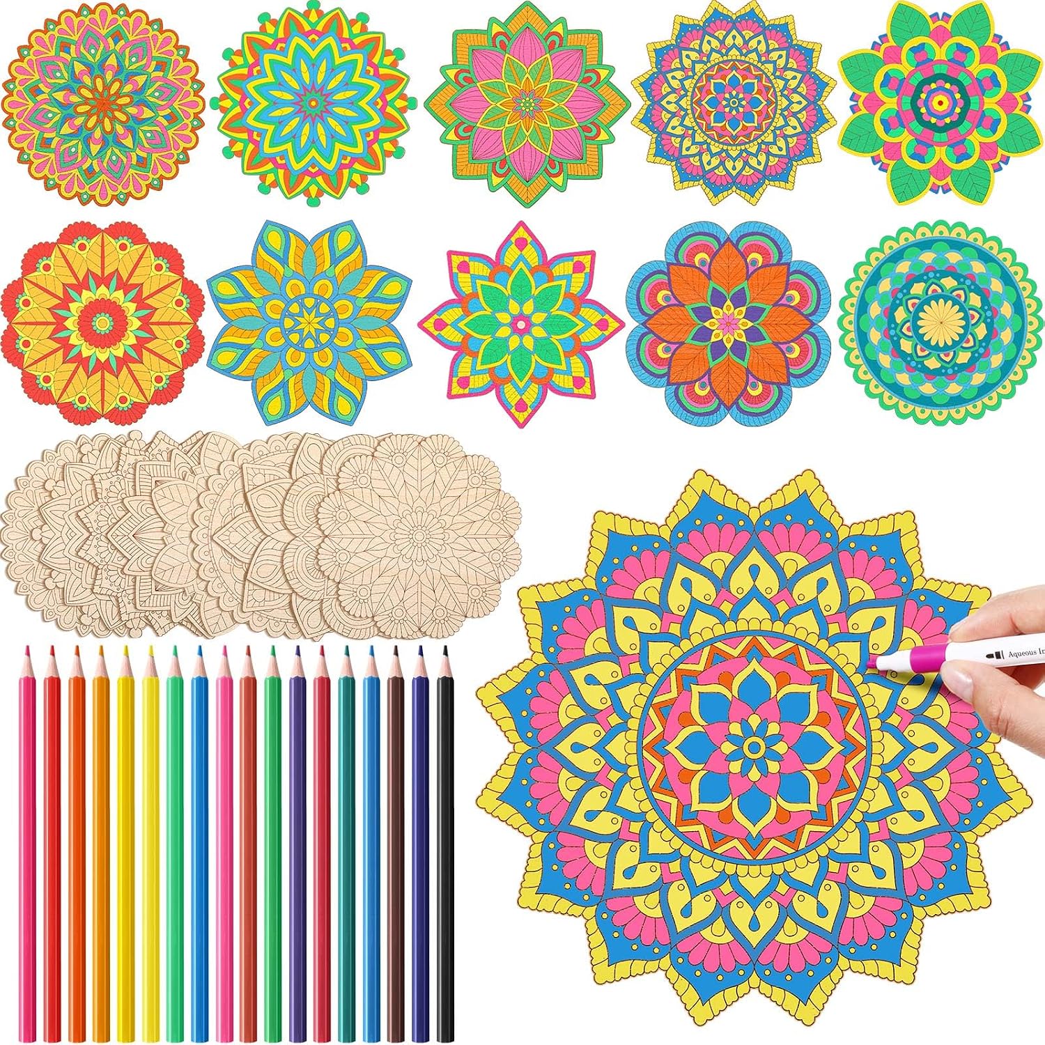 Wooden Mandala Painting Set with 10 Cutouts, 28 Pieces